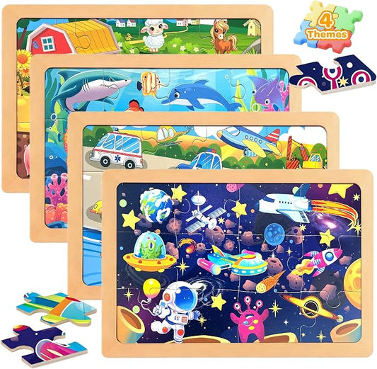 Wooden Puzzles for Toddler Ages 3+, 12 Piece Vehicle Farm Space Ocean Jigsaw Puzzles for Kids 4 Packs, Preschool Toddlers Learning Activity Puzzles Toys for Boys Girls 3 4 5 6 Years Old