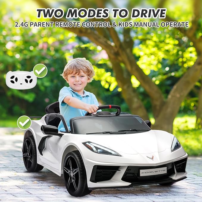 Garvee 12V Kids Ride on Car Licensed Corvette Toddlers Electric Sports Car Ride on Toy with Remote Control, Visual Dashboard, LED Lights, Music for Boys & Girls, White