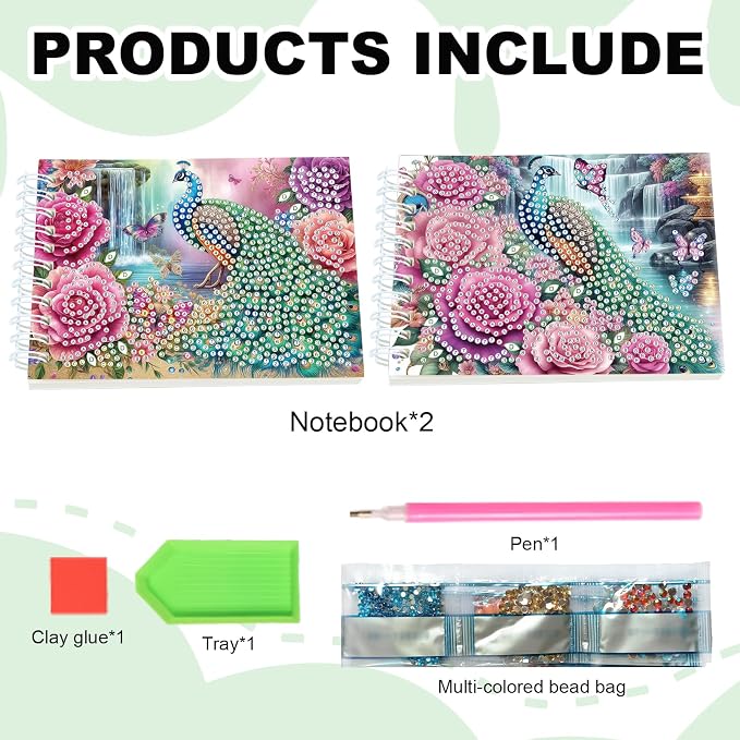 2 Pcs Peacock Diamond Painting Notebook 80 Pages for Adults,Diamond Art Journal and DIY Sketchbook, Diamonds Art Kit Supplies,Gift for Beginners, Craft Lovers, Artists. (Peacock)