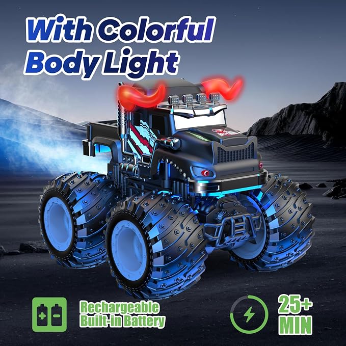 BAODLON Remote Control Monster Car, 2.4GHz RC Bull Monster Truck Toys for 3 4 5 6 7 8 Years Old Boys Kid, All Terrain RC Truck Off Road with Spray, Light, Rechargeable Battery, Christmas Birthday Gift