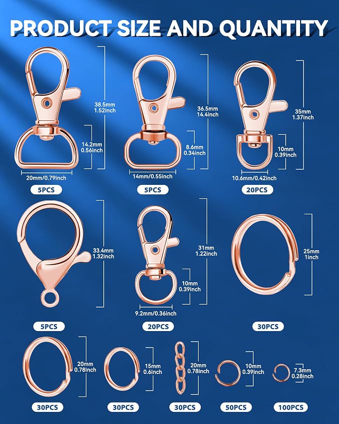 325PCS FIVEIZERO Keychain Making Kit - Keychain Clips with Key Ring, Lobster Claw Clasp, Swivel Snap Hook, Jumprings & Extender Chain for Crafts, DIY Projects & Purse Making Supplies (Rose Gold)