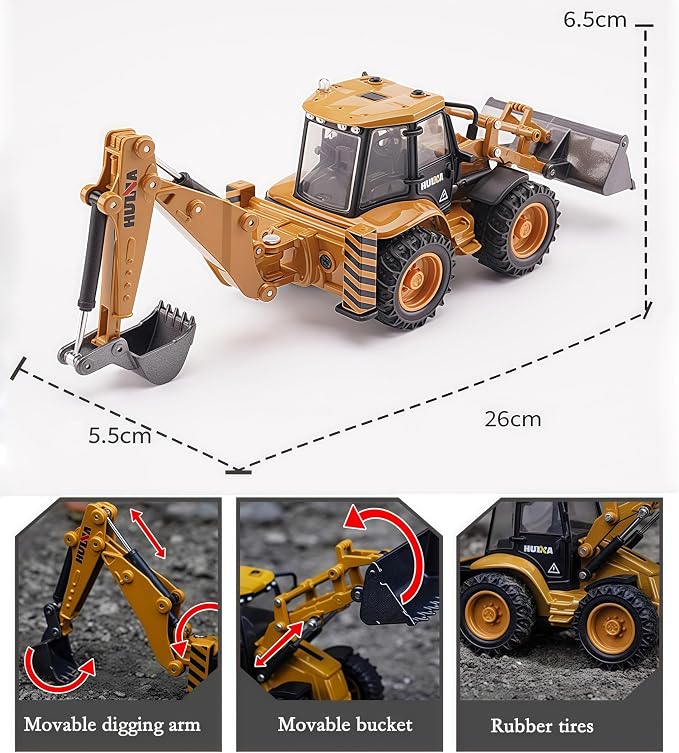 Backhoe Loader Toy for Kids, Alloy Digger Loder Construction Vehicle Toy | Front Loader Model, Alloy Backhoe Loader Vehicle, 1/50 Scale Toys Gifts