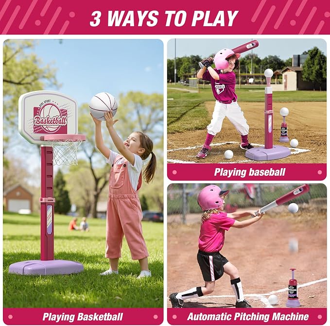 HYES 2 in 1 Kids Basketball Hoop and T Ball Set - Adjustable Height, Kids Baseball Tee with Automatic Pitching Machine, Indoor Outdoor Sport Toys Gifts for Toddler Boys Girls Age 1-5, Pink