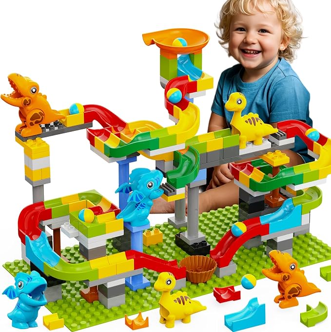 Dinosaur Marble Run Building Blocks, 148PCS Compatible with LEGO DUPLO Marble Runs for Kids 4-8, Montessori Educational Learning STEM Toys, Dinosaur Toys for Kids 3-5, Toddler Toys for Age 3+, Gift