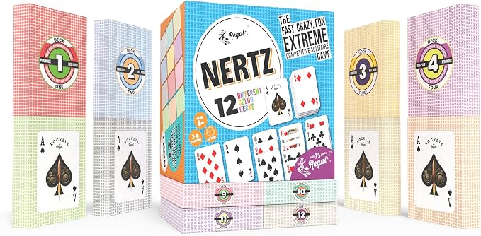 Regal Games Nertz & Solitaire Playing Cards, 12 Multi-Colored Poker Decks 2.5" x 3.5", 310 GSM Linen Finish, Durable Casino Quality for Poker, Blackjack, Rummy & Family Game Night for Kids & Adults