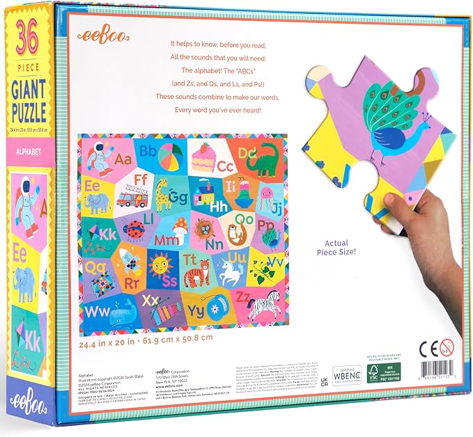 eeBoo 36 Piece Giant Floor Puzzle - Alphabet Children's Puzzle ABC & Animal Themed, Large Pieces for Small Hands to Develop Motor Skills