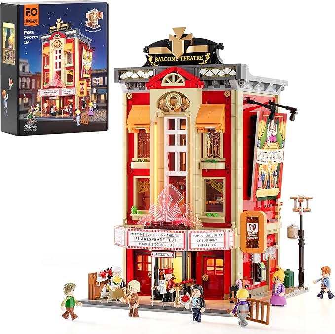 FUNWHOLE Balcony-Theatre Lighting Building-Bricks Set - City Town Creator House with LED Light Multi-Form Modular Collectible Display Kit 2445 Pcs for Adults and Movie Lovers
