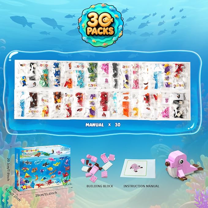 30 Pack Animals Party Favors For Kids, 824PCS Marine Animal Building Block Toy Sets for Goodie Bags Fillers Stocking Stuffer Classroom Prizes Stocking Stuffers Birthday Return Gifts for Boys Girls 6 +