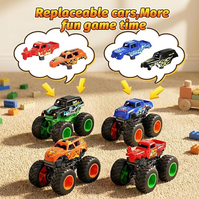 27pcs Monster Truck Playset with Arena Playmat, 1:64 Mini Toy Trucks with Interchangeable Car Shells, Ramps & Barrels, DIY Racing Game Birthday Gifts for Boys Kids Age 3 4 5 6 7 8 Year Old