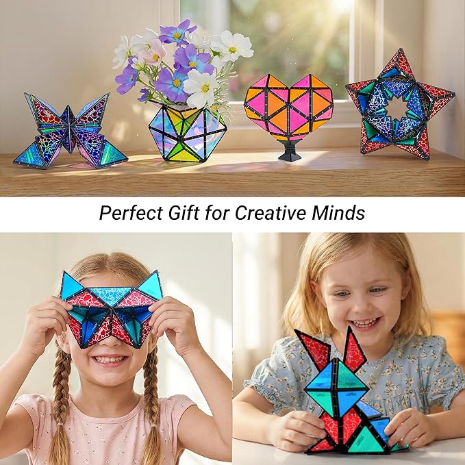 TOSY Magnet Pyramid Stone - 1 Cube Transforms into 1 Billion Shapes (Bunny, Egg Basket, Flowers, Heart…), 243 Rare Earth Magnets, Holographic Design, Puzzle/STEAM Toy, Easter Birthday Gift, 2-Pack