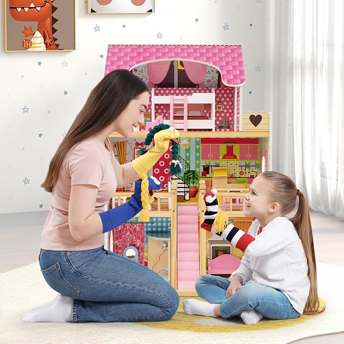 HONEY JOY Pink Doll House, Wooden Kids Dollhouse with Balcony & Stairs, 15 Pieces Accessories & Furniture Included, Large 3-Story Easy to Assemble Doll House Toy, Gift for Toddler Boys Girls, Pink