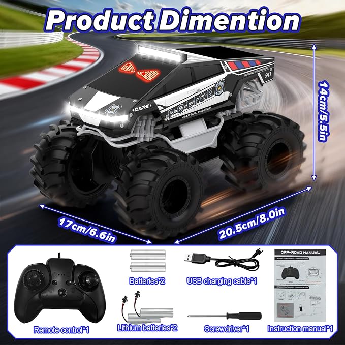 Police Remote Control Car with LED Dynamic Eyes, 1:18 Amphibious RC Cars, 4WD All Terrain Pickup, 2.4GHz Waterproof Cyber Truck, 360° Rotatable Monster Truck Toys for Boys Birthday Gifts Age 6 7 8 9+