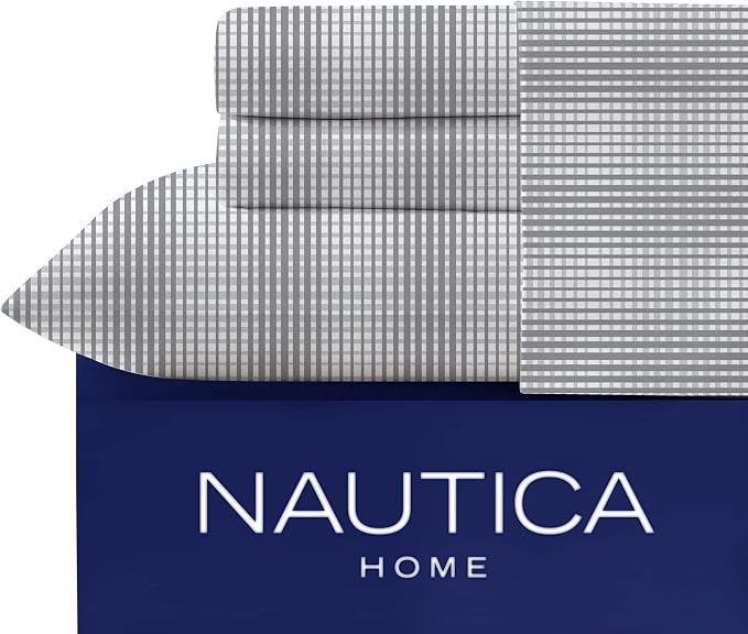 Nautica - Queen Size Sheet Set, Crisp & Tailored Cooling Sheets with a Smooth Cotton Percale Lightweight Feel - Bed Sheets with Matching Pillowcases & Fitted Sheet (Michael Plaid Grey)