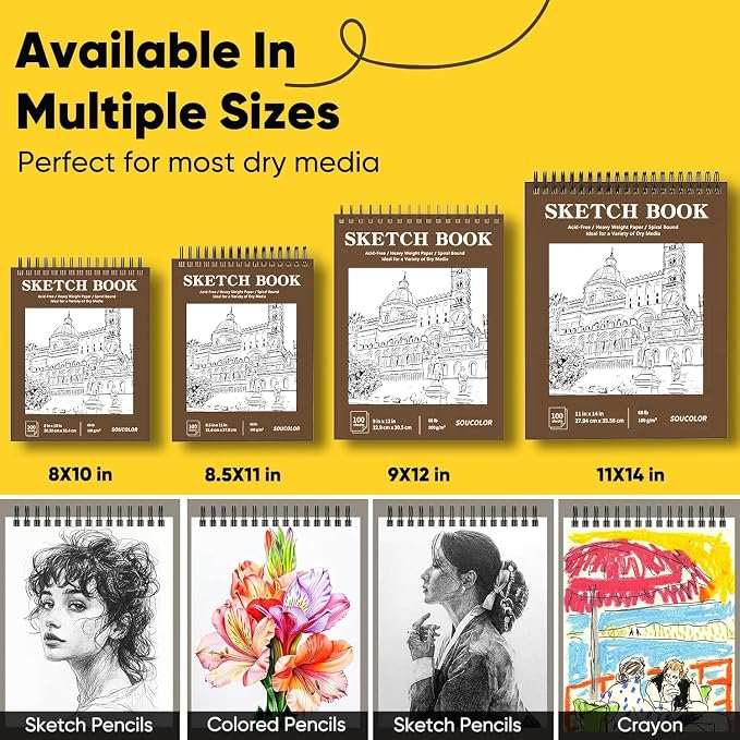 Soucolor 9" x 12" Sketch Book,Top Spiral Sketch Pad,100 Sheets 68lb Acid-Free Sketchbook Drawing Paper Supplies for Pencil & Charcoal Sketching, Art Supplies for Kids, Adults & Beginners