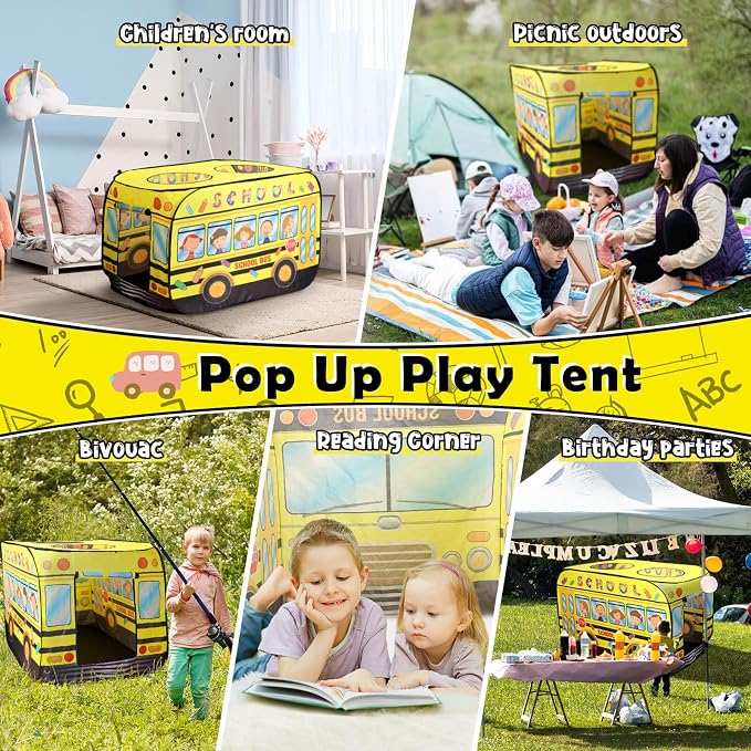 Pop Up Play Tent for Kids Aged 3-5 Years Old Boys and Girls : School Bus Tent Playhouse Toy Play Tents for Toddlers 3-5 Kids Tent Indoor Outdoor Playhouse Toys for 3 + Year Old, School Bus
