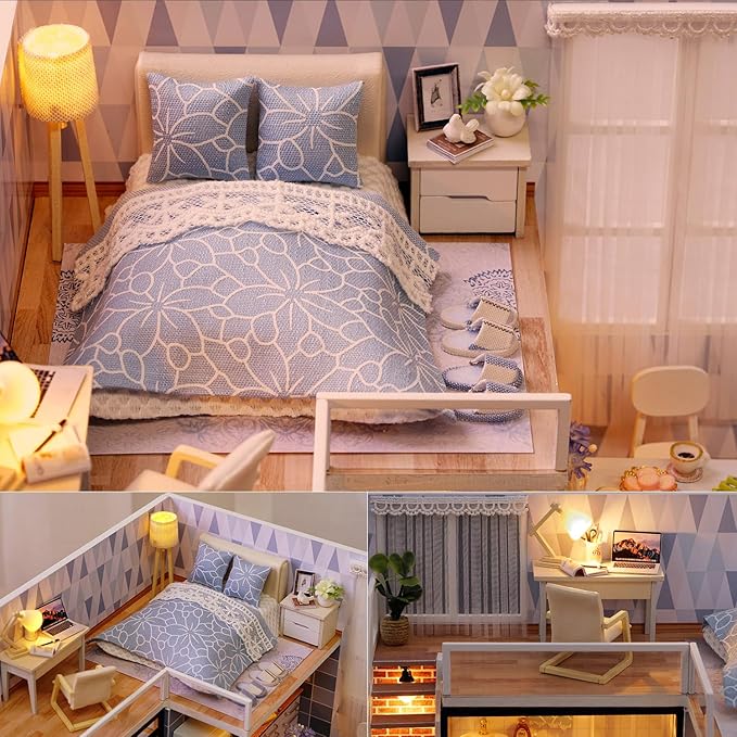 TuKIIE DIY Miniature Dollhouse Kit with Furniture, 1:24 Scale Creative Room Mini Wooden Doll House Accessories Plus Dust Proof & Music Movement for Kids Teens Adults(Blue Times)