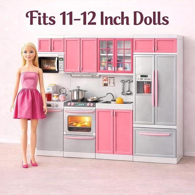 Doll Kitchen Playset for Kids, My Modern Mini Kitchen House Furniture Pretend Play Toy Accessories Set with Realistic Lights & Sounds for Toddlers, Girls (4-in-1)