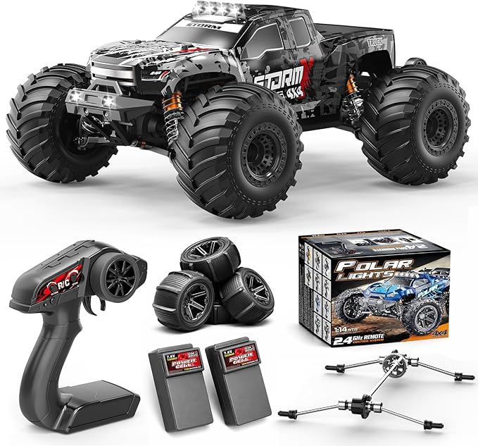 RC Cars 1:14 4WD Off-Road RC Monster Truck High Speed 40 km/h, 4x4 Remote Control Car with 2 Rechargeable 1300mAh Batteries and 2 Sets of Tires for Adults & Boys