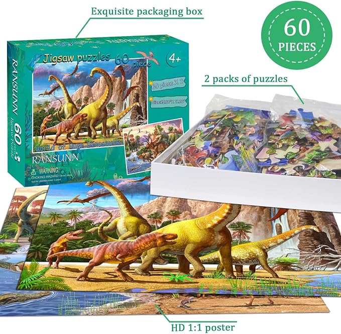 RANSUNN Dinosaur Puzzles for Kids Ages 6-8 4-6 Year Old - World of Huge Dinosaurs,2 Packs 60 Pieces Jigsaw Puzzle for Toddler Children Learning Educational Puzzles Toys for Boys and Girls.