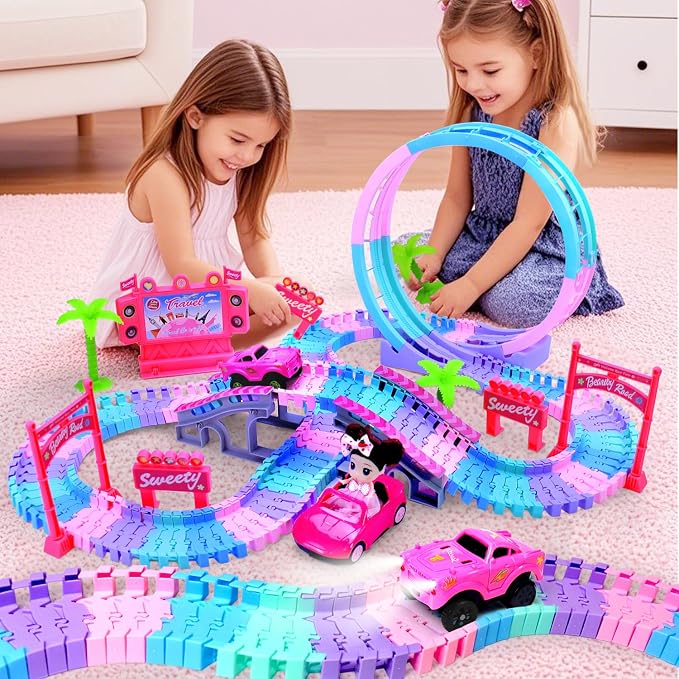 Tracks Car Toys for 3 4 5 6 Year Old Girls Kids,177 PCS 360°Rotating Track Flexible Car for Girls 3-5 Toddler Flex Track Race Cars Toys Birthday Gifts