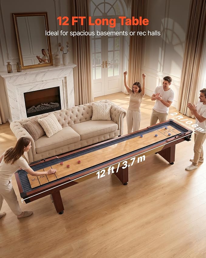 VEVOR 7ft 9ft 12ft Shuffleboard Table 2 in 1 Shuffleboard and Bowling Combo Set, Shuffle Board with Scratch-Resistant Playfield, Pucks, Bowling Set, Wax, Brush for Family Game Rooms