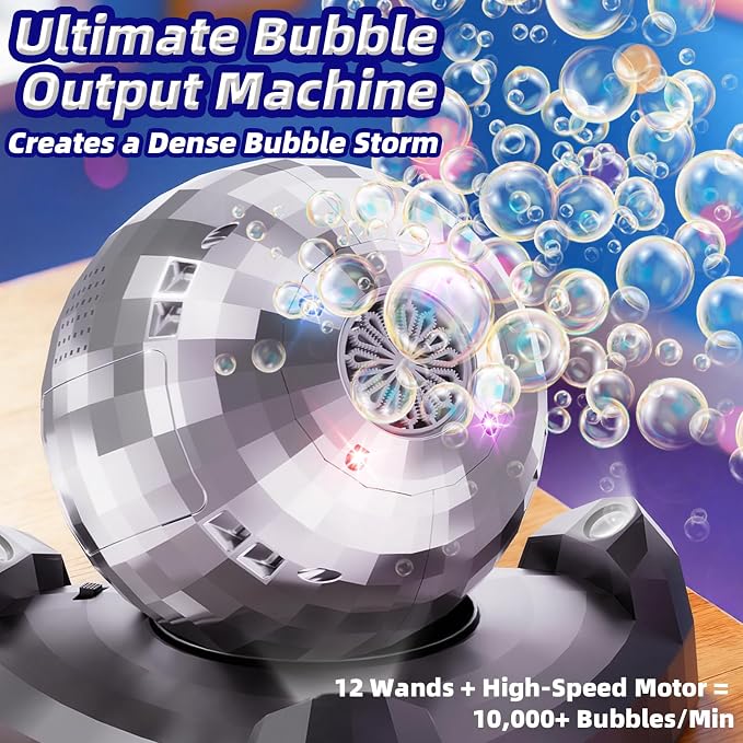Bubble Machine for Kids & Toddlers 1-3, Automatic Disco Bubble Blower Maker with Bubble Toys, LED Lights & 360° Rotation, 10000+ Bubbles Per Min, Outdoor Game Toy for Easter Birthday Party