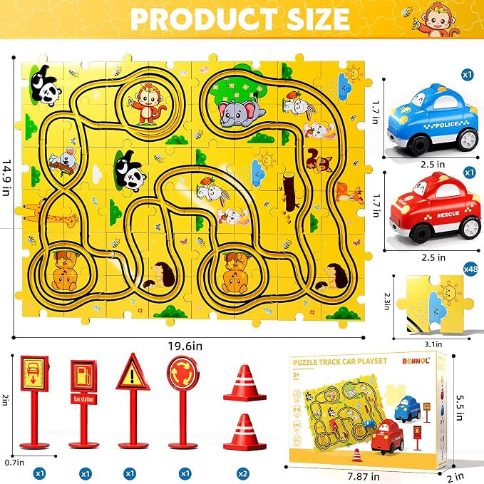 Bennol Puzzle Tracks Car Toys Gifts for 3 4 5 Year Old Boys 48PCS Puzzle Racer Cars Play Set for Kids Ages 3-5 4-6 Toys Gifts for 3 4 5 Year Old Boys Puzzle Racer Kids Car Track Set