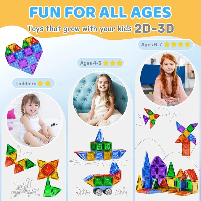 Mini Magnetic Tiles, 51 PCS Travel Magnetic Tiles Set in Iron Box with Magnetic Car - Portable STEM Building Toys, Brand-Compatible, Perfect Educational Gift for Kids Ages 3 4 5 6 7 8 9