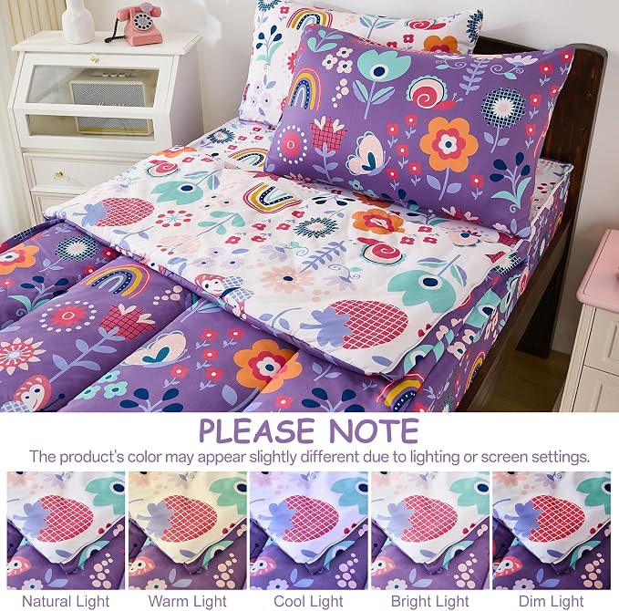 DJY Zipper Bedding Set Twin, Purple Floral Bedding Sets for Girls, Kids Comforter Set with Fitted Sheet Pillowcases, All in One Zipper Bed Set for All Seasons