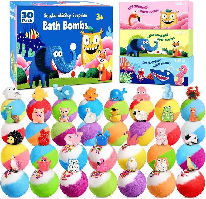 30 Pack Bath Bombs for Kids with Toys Inside, Kids Bath Bombs Gift Set with 30 Sea & Land & Sky Animal Surprise Toy, Child-Safe Natural Bubble Bath Toys, Birthday Gifts for Kids Boys Girls