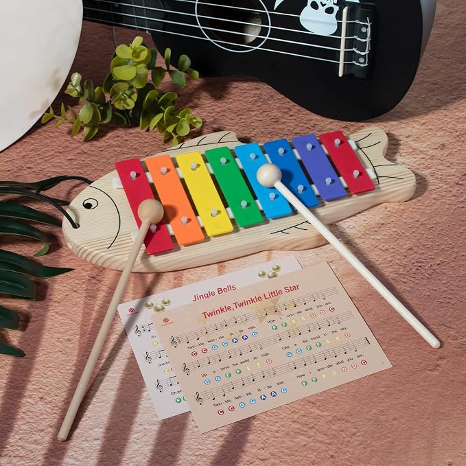 Xylophone for Baby Toddler Fish Shape Wooden Xylophone with 2 Mallets Educational & Preschool Learning Percussion Instrument Professional Tuning Musical Toys for Kids Aged 3+