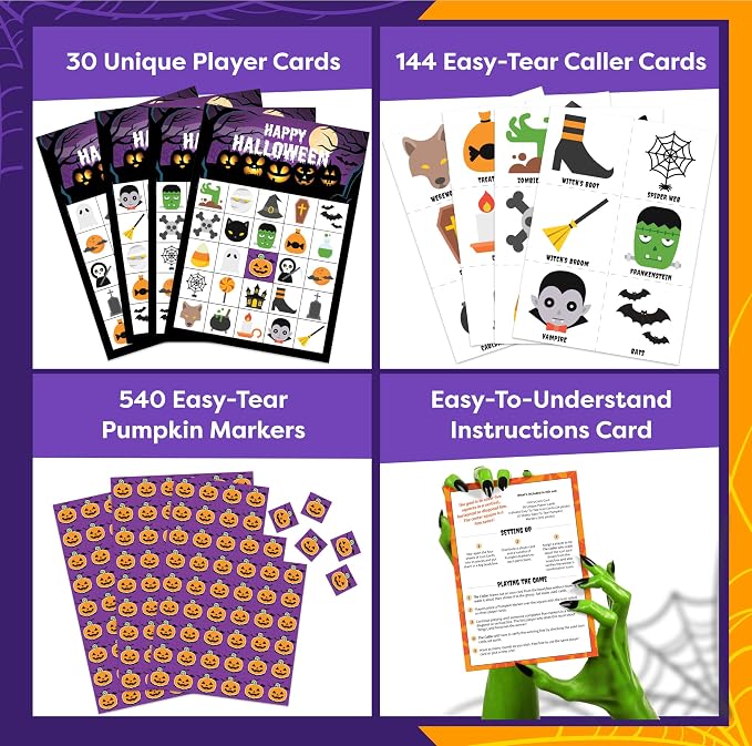 Halloween Games For Kids Party - Halloween Bingo Game For Kids With Up To 30 Players - Halloween Party Games - Halloween Crafts - Fun Spooky Activity For Families, Classroom Parties, Community Events