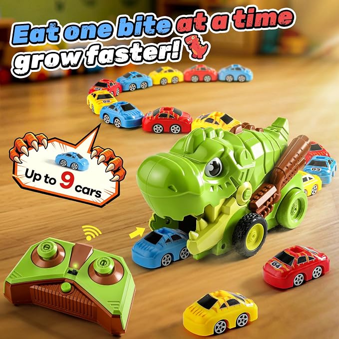 Remote Control Dinosaur Truck Toy Eats Cars for Kids 3-7 | RC Tyrannosaurus, 9 Mini Magnetic Cars, 2 Speed, 2.4G Rechargeable, Birthday Holiday Gift for Dino & RC Cars Lover