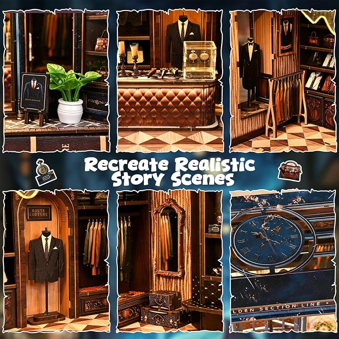 Book Nook Kit DIY Miniature Dollhouse Kit 3D Wooden Puzzles Gentleman's Clothing Store Tiny House Bookshelf Decor with LED, DIY Craft Gift for Adults Teens- Golden Section Line