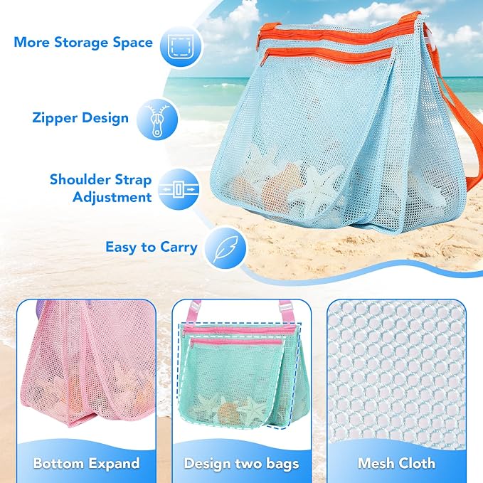 Beach Toy Set Include 2 Mesh Shovels and 2 Beach Mesh Bags,Kids Sand Sifter for Shells Collecting