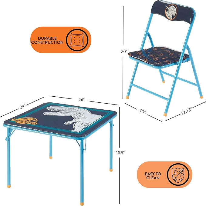 Jurassic World 3 Piece Kids Table and Chair Set,Activity Table with 2 Foldable Chairs, Dinosaur-Themed Furniture, Perfect for Playroom, Arts & Crafts, Ages 3+