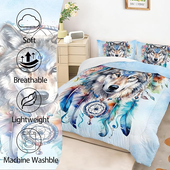 AILONEN Wolf Comforter Set - Dream Catcher Bedding Queen Size with 2 Pillowcases, Native American Wolf Printed Duvet Set, 3 Pieces