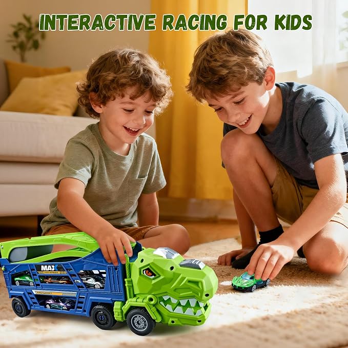 Dinosaur Truck Toys for Kids 3-5 - Transporter Carrier Truck with 6 Die-Cast Cars Toys, 3 in 1 Truck with 2 Foldable Race Tracks, Christmas Birthday Gifts Toys for 3 4 5 6 Years Old Boys(Jungle Blue)