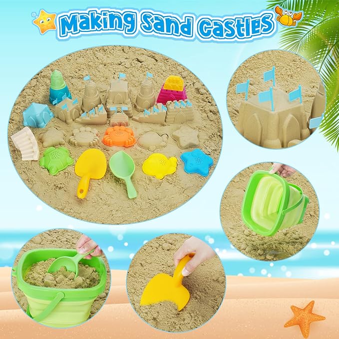 RACPNEL Collapsible Beach Toys for Kids, Foldable Sand Bucket and Shovels Set with Mesh Bag, Sand Castle Building Kit, Sandbox Toys, Travel Sand Toys Beach Essentials for Toddlers Age 3-10