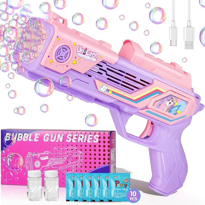 Rechargeable Unicorn Bubble Gun, Unicorn Toys for Girls Age 4-6, Outdoor Toys Bubble Machine, 3 4 5 6 7 8 9 10 11 12 Year Old Girl Gifts, Easter, Birthday, Summer, Wedding, Party Favors, Halloween