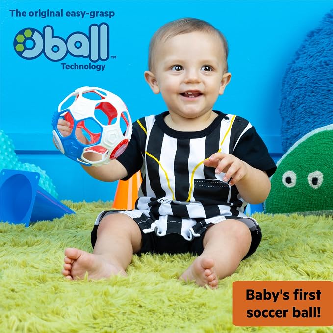 Bright Starts Oball Grippin' Goals Rattle Soccer Ball - Red, White & Blue, Easy-Grasp Toy for Newborn and Up