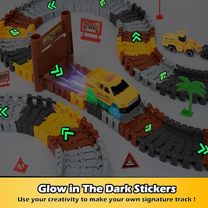 157 PCS Construction Race Tracks for Kids, Glow in The Dark Magic Toy Set with 360° Loop Ramp, 1 Light Up Car, 3 Construction Cars, Flexible DIY Track Set, Birthday Gift for 3-9 Year Old Boys Girls
