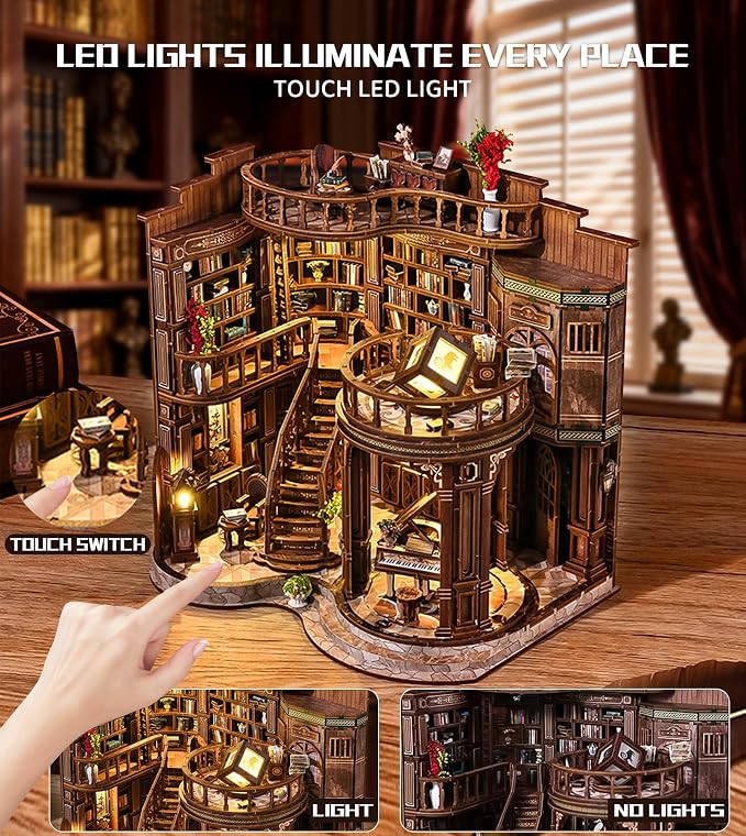 Roroom DIY Miniature House Kit, Dreamy Book Hall Book Nook Kit | Wooden 3D Puzzles for Adults with LED, Bookshelf, Desk and Bedside Room Decor, Relaxing Craft Project, Creative Gift