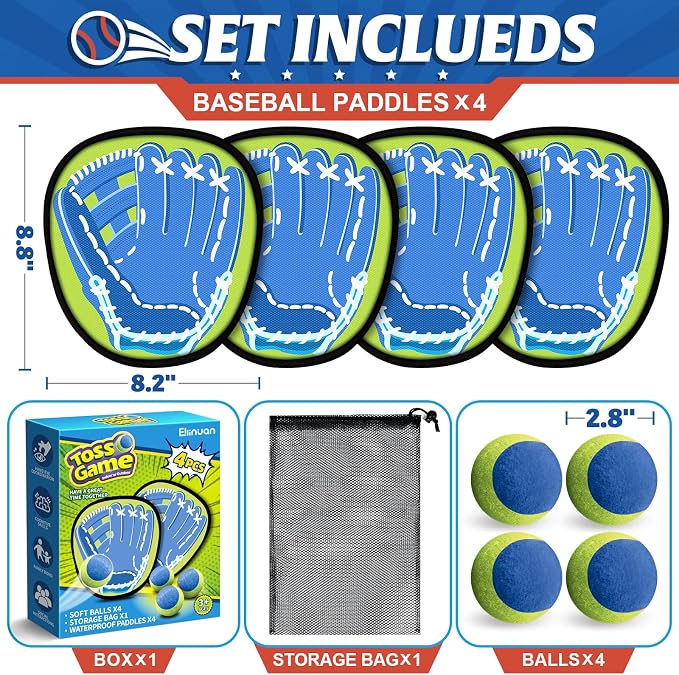 Ellinjan 4 Packs Catch Ball Game Set, Baseball Training Glove, Outdoor Toys, Summer Pool Beach Yard Backyard Camping Sports Play Toy Games for Toddlers Kids Teens Adults Family Game, Fun Ideal Gifts