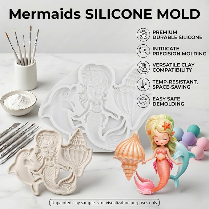 Mermaid Polymer Clay Molds Mermaid Dolphin Conch Silicone Mold for DIY Craft Resin Casting Molds DIY Crafts Air Dry Polymer Clay Tools Jewelry Making