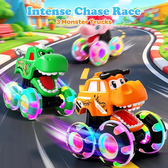 3 Pack Monster Truck Toys for Toddlers 1-3, Press & Go Cars with Flashing LED Wheels & Moving Mouth, Dinosaur Cars for 2 3 4 One Two Year Old Boy Birthday Gifts