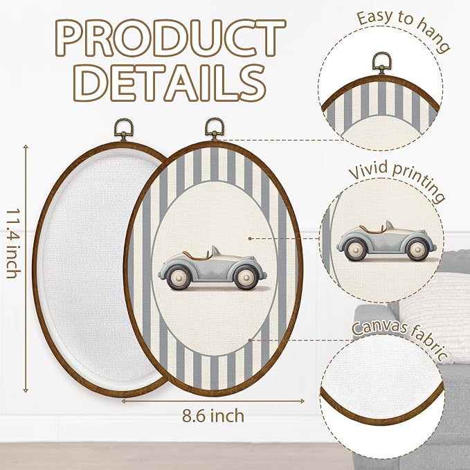 WULQYING Car Boy Nursery Wall Art Decor, Kids Oval Framed Canvas Art Prints, Neutral Blue Striped Car Vehicle Wall Hanging Decor for Kids Boy Nursery Room Bedroom Playroom, 8.5x11.4 Inches