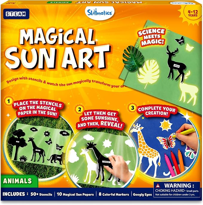 Skillmatics Sun Paper Art Kit - STEM Craft Kit for Kids with Decorative Paper, Stencils & Markers, Create with Sunlight, Mess-Free, Indoor Fun, Gifts for Ages 4, 5, 6, 7, 8, 9, 10, 11, 12