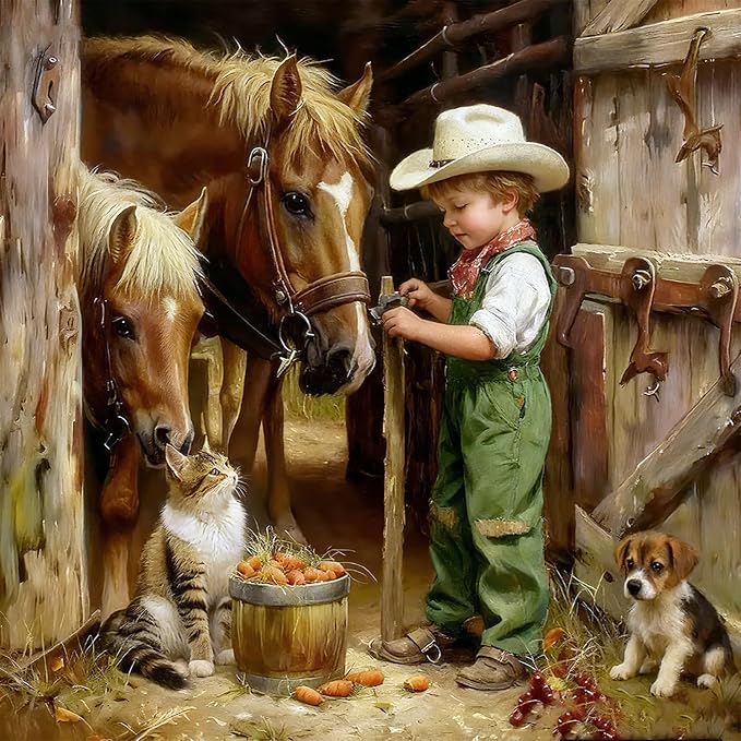 Paint by Numbers for Adults and Kids Beginner Vintage Cowboy Boy Horses, Cat, Puppy Painting by Number Kits On Canvas Number Artist Paint by Number Kit Oil Painting Acrylic Paints Home Wall Decor Gift