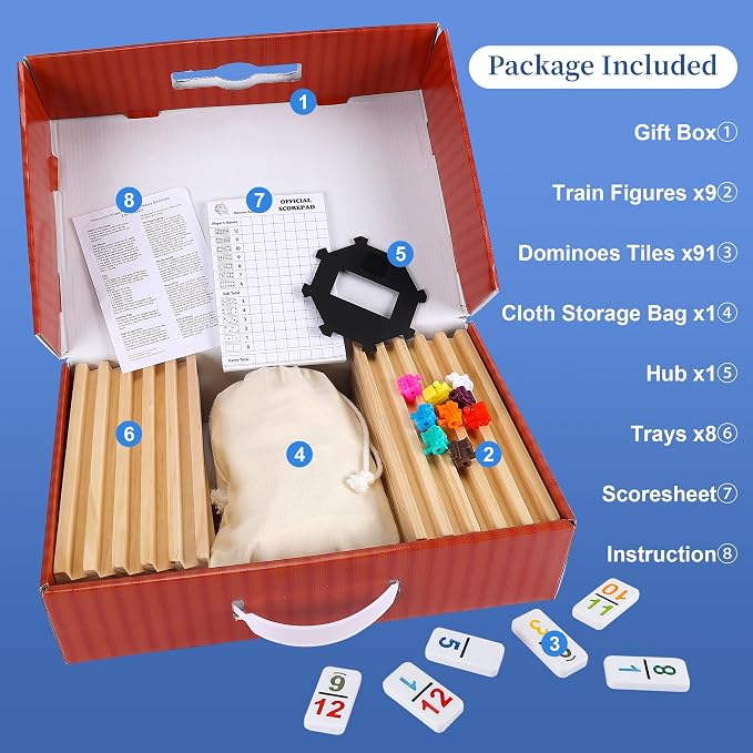 Mexican Train Dominoes Set Double 12 with Numbers, Dominoes Set for Adults and Family, Mexican Train Double 12 Numbers Dominos Set - 91 Tiles, 9 Trains, 8PCS Wooden Holders, Hub, Instruction